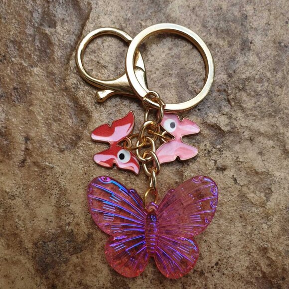 Butterflies Charms Pink Metal Key Chain Key Ring Handbag Purse Pendant Accessory - Picture 1 of 1